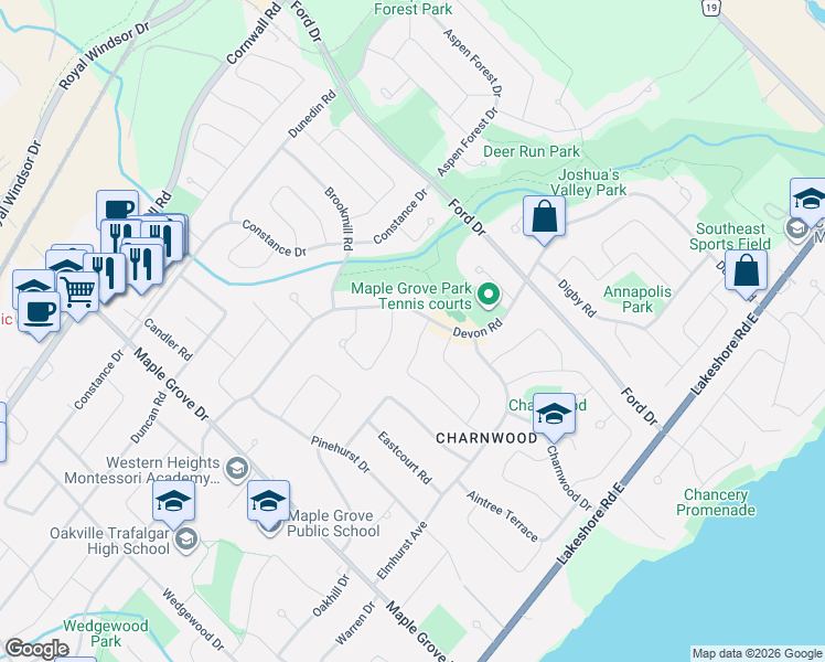 map of restaurants, bars, coffee shops, grocery stores, and more near 319 Beechfield Road in Oakville