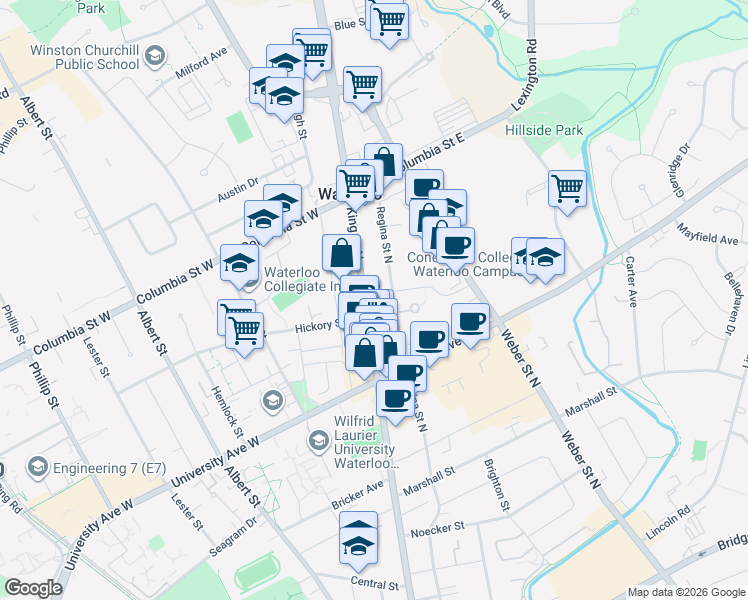 map of restaurants, bars, coffee shops, grocery stores, and more near 313 Regina Street North in Waterloo