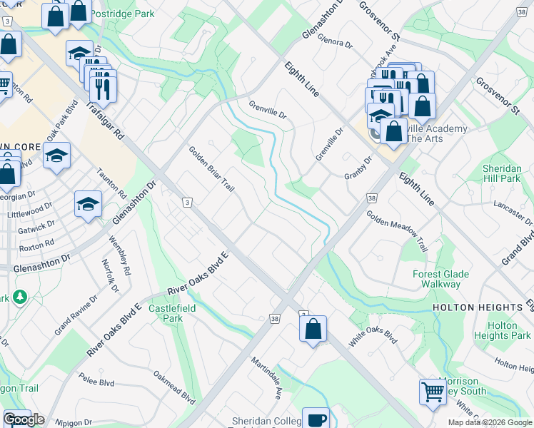 map of restaurants, bars, coffee shops, grocery stores, and more near in Oakville