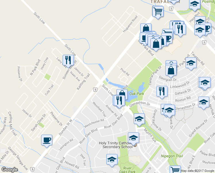 map of restaurants, bars, coffee shops, grocery stores, and more near 2579 Sixth Line in Oakville