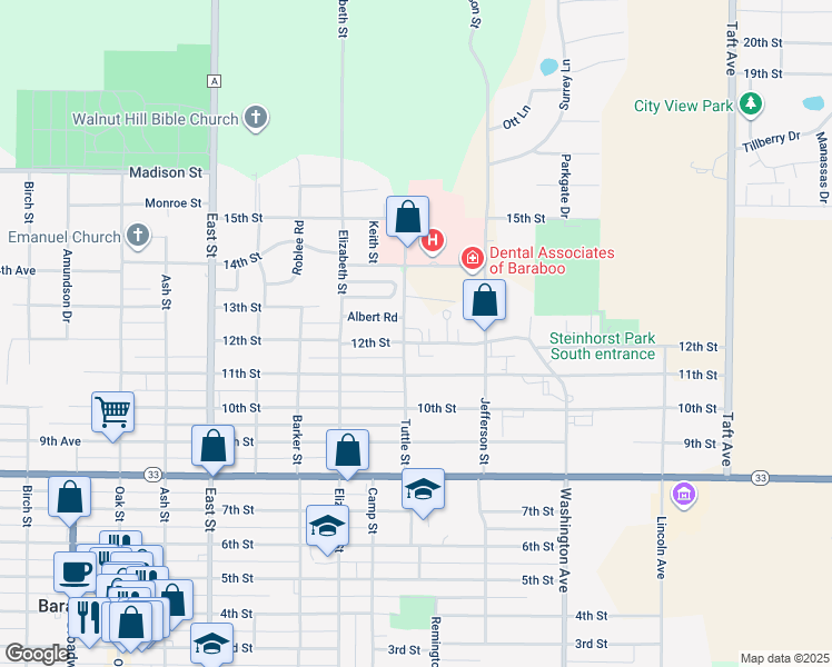 map of restaurants, bars, coffee shops, grocery stores, and more near 1405 Tuttle Street in Baraboo