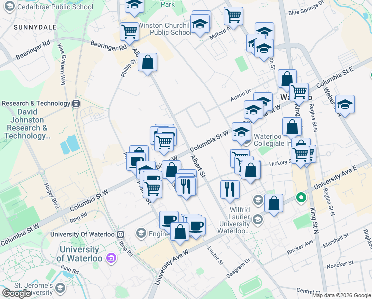 map of restaurants, bars, coffee shops, grocery stores, and more near 110 Columbia Street West in Waterloo