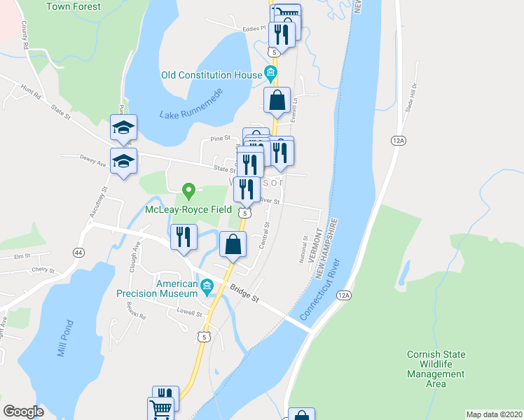 map of restaurants, bars, coffee shops, grocery stores, and more near 8 Central Street in Windsor