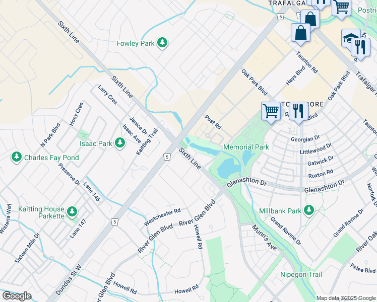 map of restaurants, bars, coffee shops, grocery stores, and more near 2579 Sixth Line in Oakville