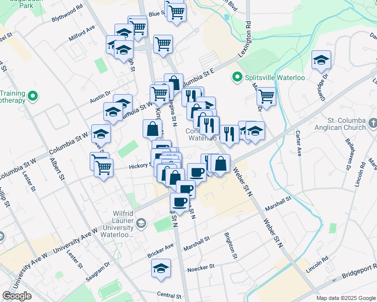 map of restaurants, bars, coffee shops, grocery stores, and more near 30 Hickory Street East in Waterloo
