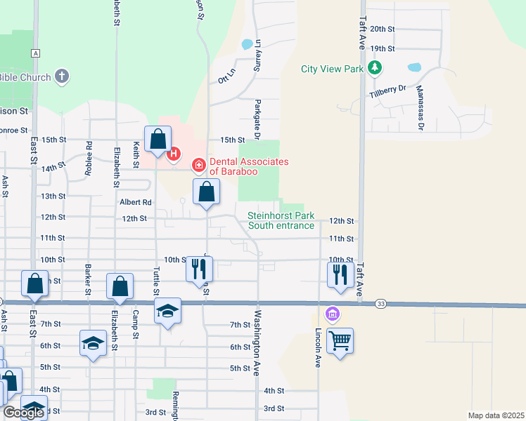 map of restaurants, bars, coffee shops, grocery stores, and more near 1105 12th Street in Baraboo