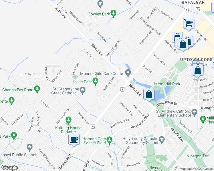 map of restaurants, bars, coffee shops, grocery stores, and more near 7 Kaitting Trail in Oakville
