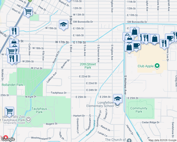 map of restaurants, bars, coffee shops, grocery stores, and more near 226 East 21st Street in Idaho Falls
