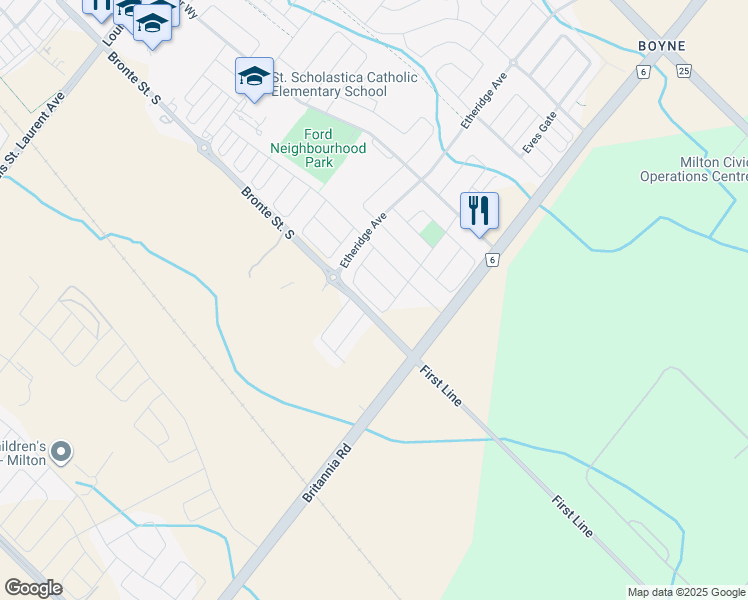 map of restaurants, bars, coffee shops, grocery stores, and more near 107 Bronson Terrace in Milton