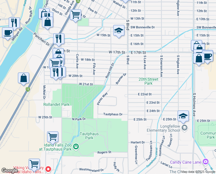 map of restaurants, bars, coffee shops, grocery stores, and more near 2122 Calkins Avenue in Idaho Falls