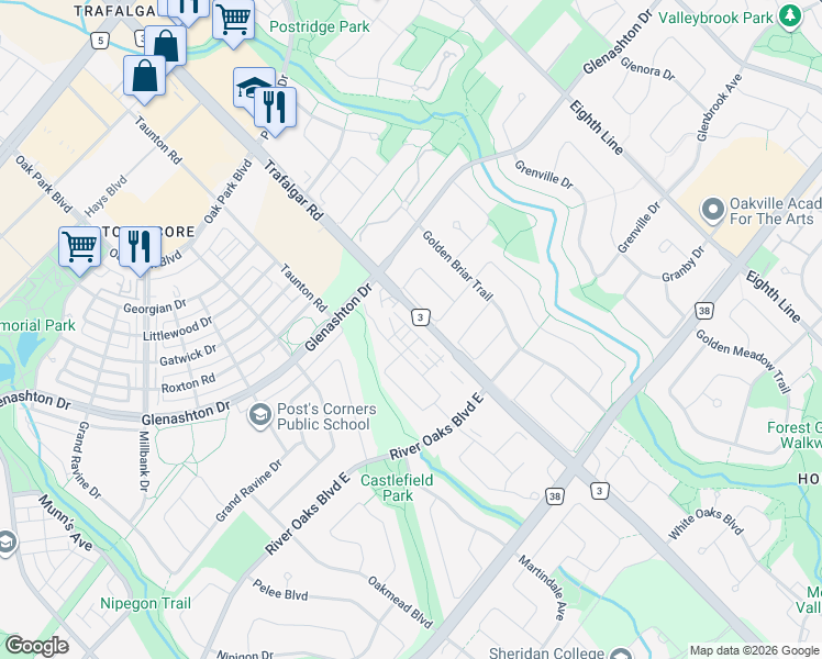 map of restaurants, bars, coffee shops, grocery stores, and more near Royalton Common in Oakville