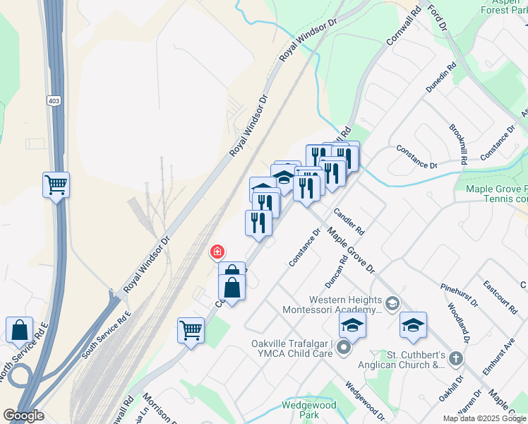 map of restaurants, bars, coffee shops, grocery stores, and more near 1525 Cornwall Road in Oakville
