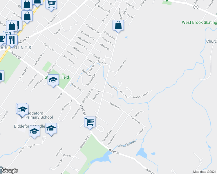 map of restaurants, bars, coffee shops, grocery stores, and more near 4 Alison Avenue in Biddeford