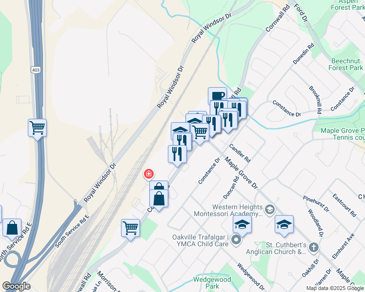 map of restaurants, bars, coffee shops, grocery stores, and more near 1525 Cornwall Road in Oakville