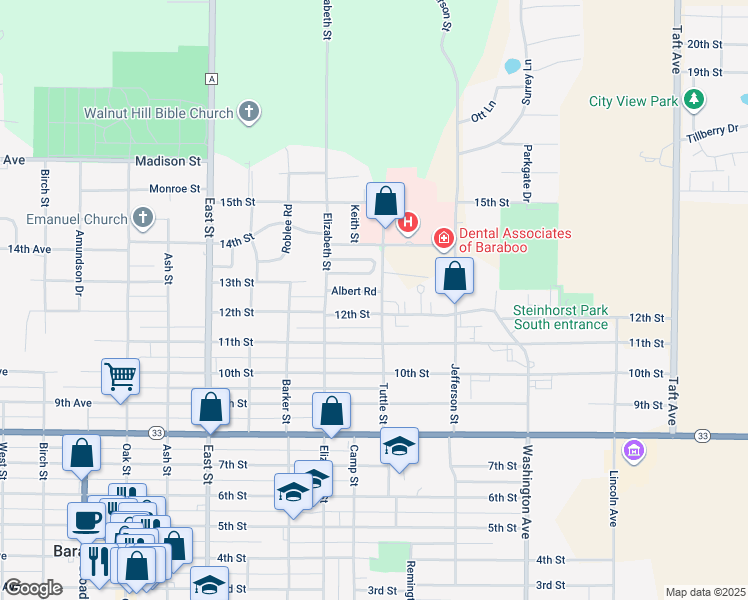 map of restaurants, bars, coffee shops, grocery stores, and more near 1405 Tuttle Street in Baraboo