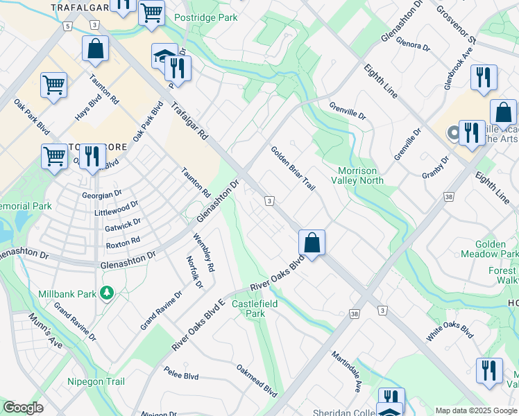 map of restaurants, bars, coffee shops, grocery stores, and more near 295 Royalton Common in Oakville
