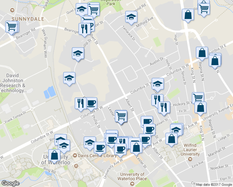 map of restaurants, bars, coffee shops, grocery stores, and more near 365 Albert Street in Waterloo