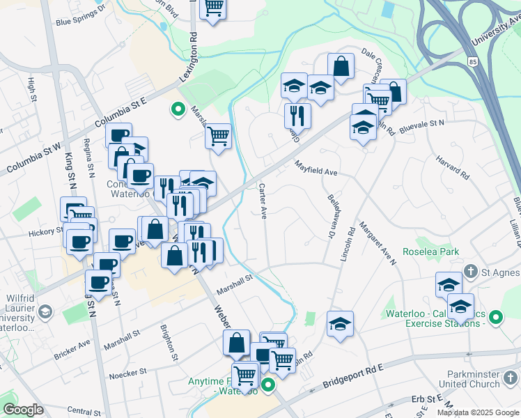 map of restaurants, bars, coffee shops, grocery stores, and more near 248 Willowdale Place in Waterloo