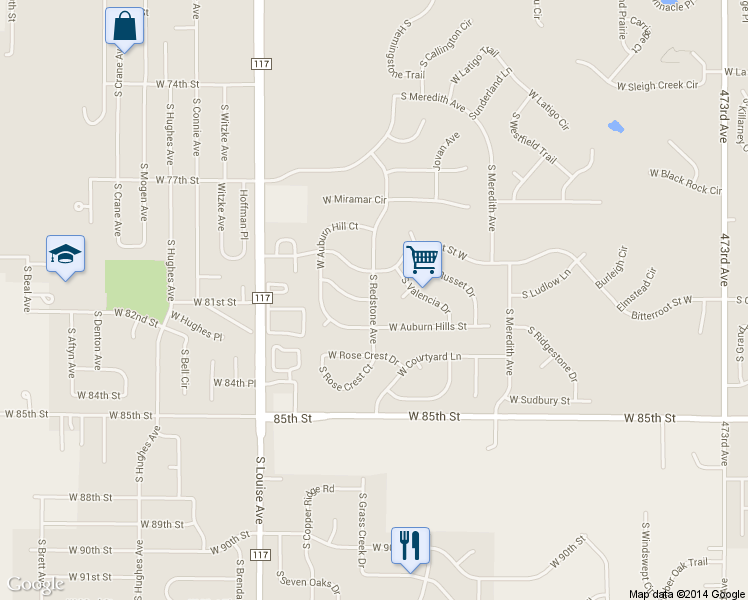 map of restaurants, bars, coffee shops, grocery stores, and more near 7398 S Redstone Ave in Sioux Falls