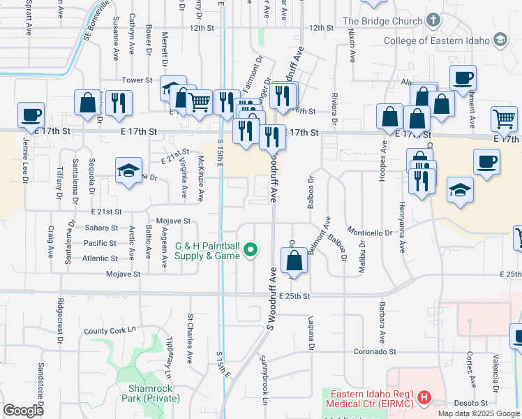map of restaurants, bars, coffee shops, grocery stores, and more near 2060 South Woodruff Avenue in Idaho Falls