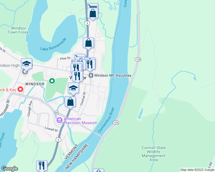 map of restaurants, bars, coffee shops, grocery stores, and more near 55 River Street in Windsor