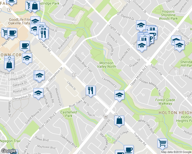 map of restaurants, bars, coffee shops, grocery stores, and more near 2111 Golden Briar Trail in Oakville
