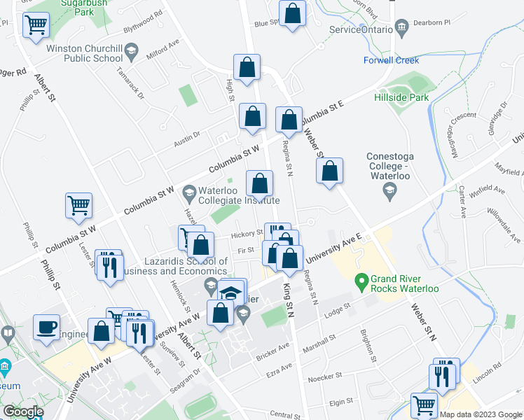 map of restaurants, bars, coffee shops, grocery stores, and more near 315 King Street North in Waterloo