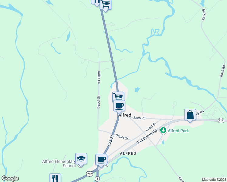 map of restaurants, bars, coffee shops, grocery stores, and more near 28 Waterboro Road in Alfred