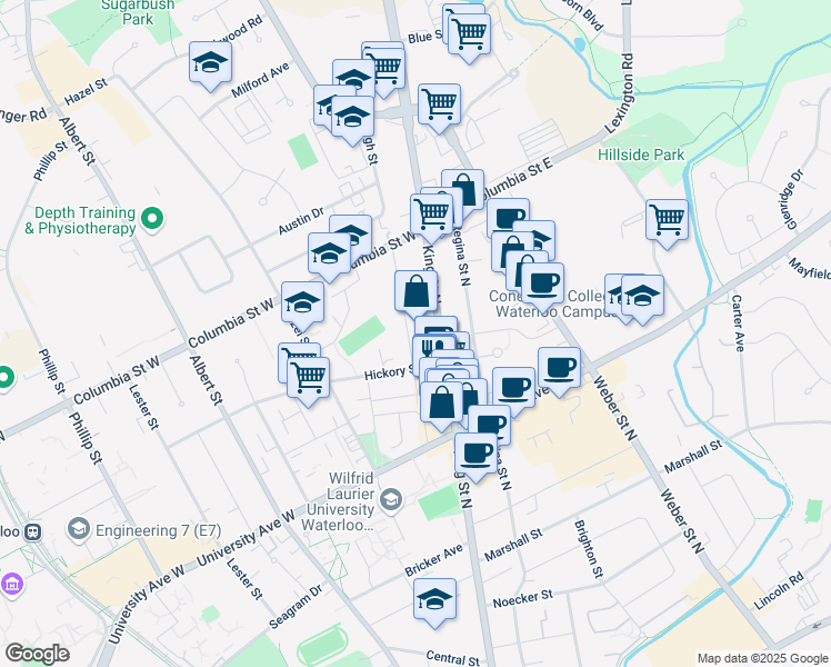 map of restaurants, bars, coffee shops, grocery stores, and more near in Waterloo