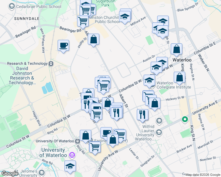 map of restaurants, bars, coffee shops, grocery stores, and more near 365 Albert Street in Waterloo