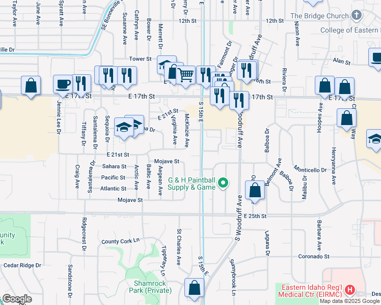 map of restaurants, bars, coffee shops, grocery stores, and more near 1440 East 21st Street in Idaho Falls