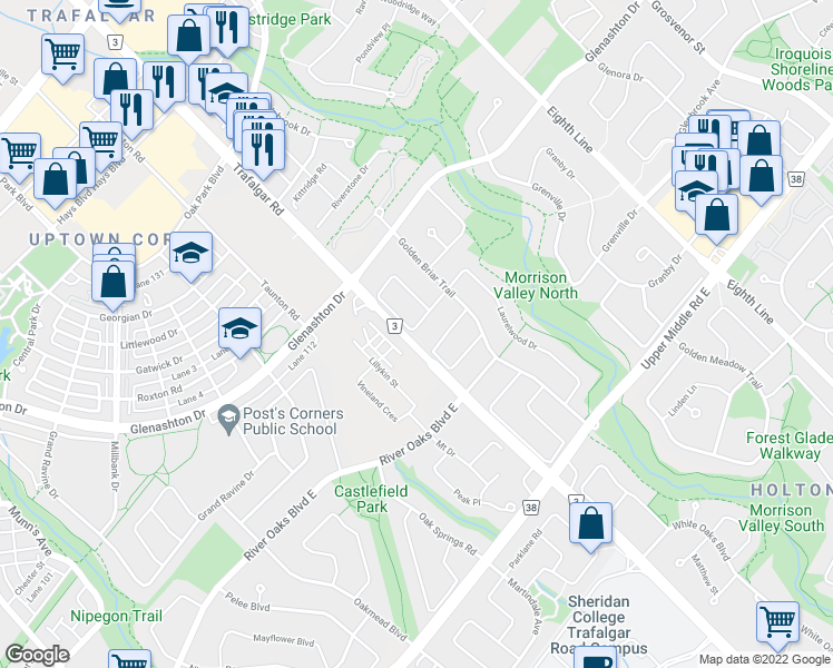 map of restaurants, bars, coffee shops, grocery stores, and more near 330 Hickory Circle in Oakville