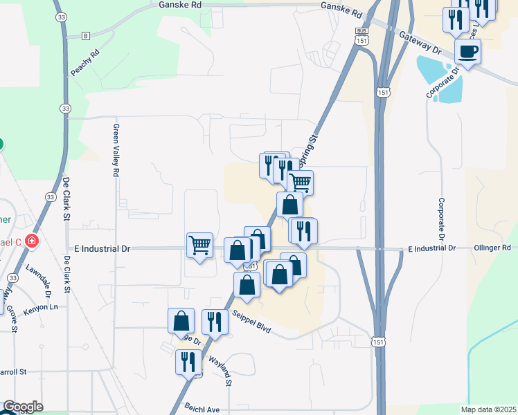 map of restaurants, bars, coffee shops, grocery stores, and more near 1724 North Spring Street in Beaver Dam