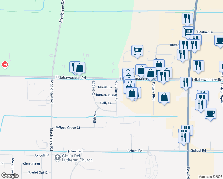 map of restaurants, bars, coffee shops, grocery stores, and more near 3561 Seville Lane in Saginaw