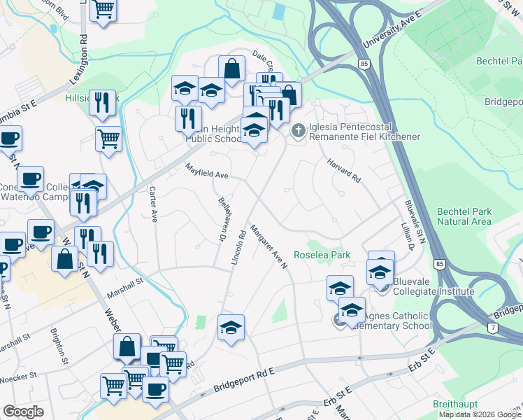 map of restaurants, bars, coffee shops, grocery stores, and more near 234 Lincoln Road in Waterloo