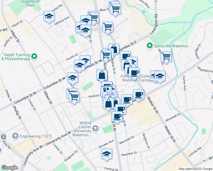 map of restaurants, bars, coffee shops, grocery stores, and more near in Waterloo