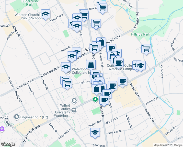 map of restaurants, bars, coffee shops, grocery stores, and more near 318 Spruce Street in Waterloo