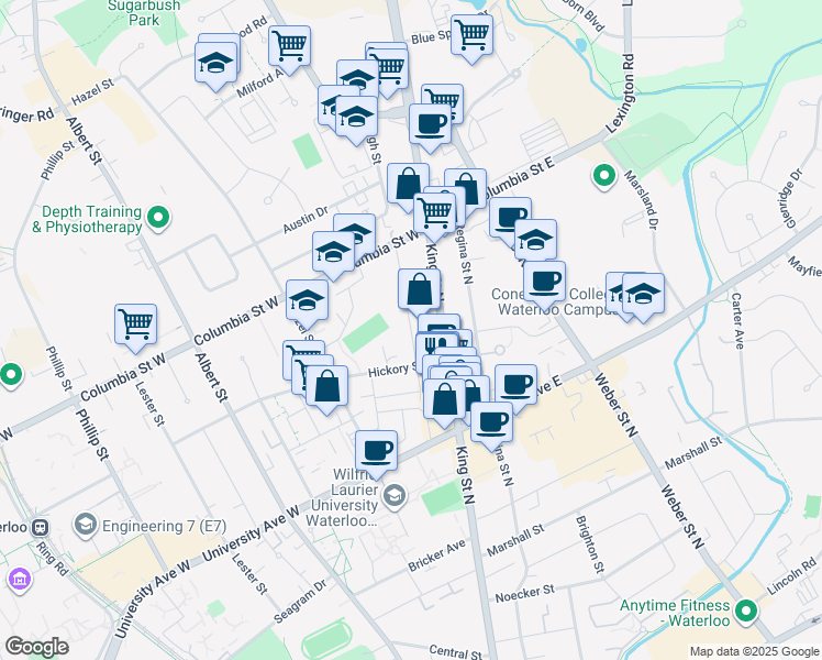 map of restaurants, bars, coffee shops, grocery stores, and more near 319 Spruce Street in Waterloo