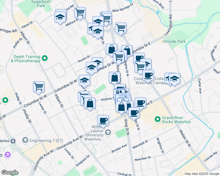 map of restaurants, bars, coffee shops, grocery stores, and more near 317 Spruce Street in Waterloo