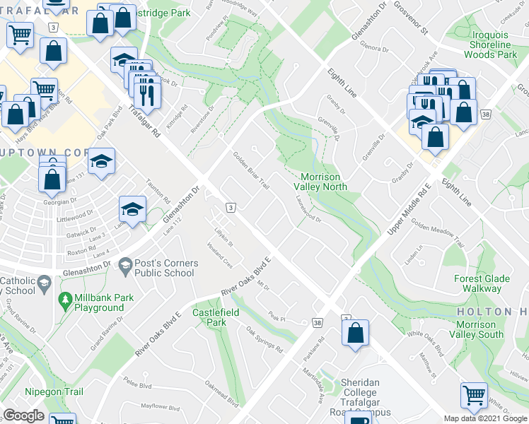 map of restaurants, bars, coffee shops, grocery stores, and more near 352 Evergreen Crescent in Oakville