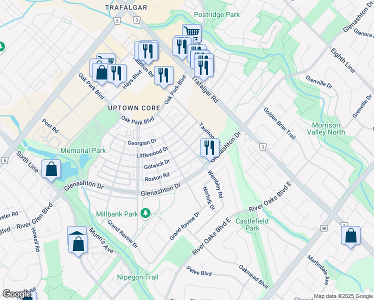 map of restaurants, bars, coffee shops, grocery stores, and more near 226 Gatwick Drive in Oakville
