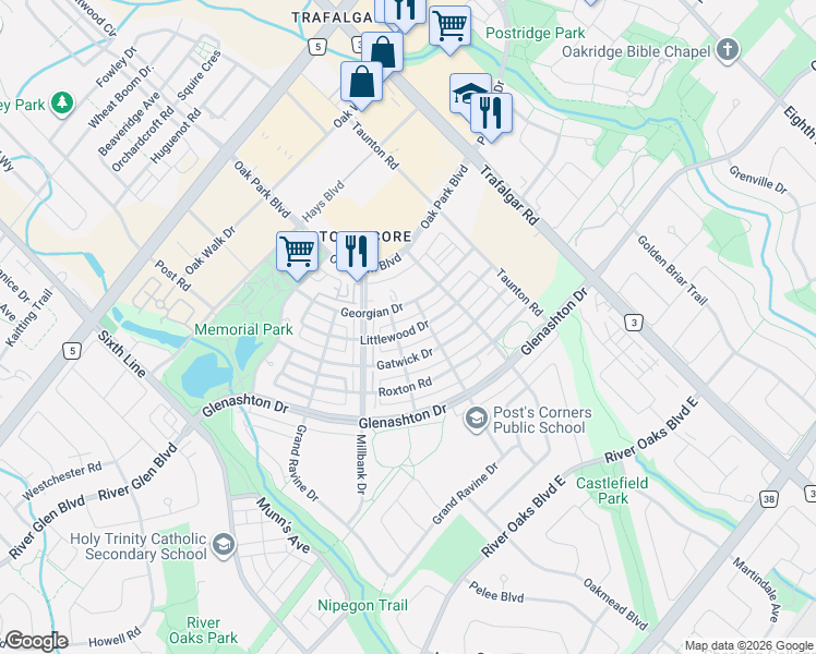 map of restaurants, bars, coffee shops, grocery stores, and more near 173 Littlewood Drive in Oakville