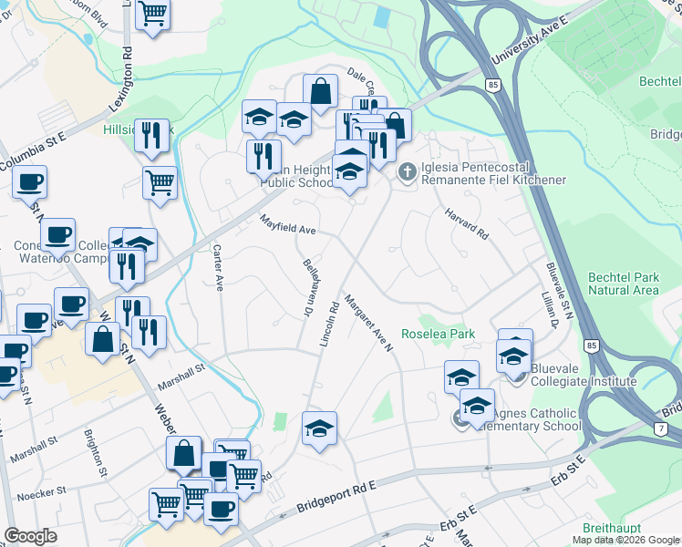 map of restaurants, bars, coffee shops, grocery stores, and more near 234 Lincoln Road in Waterloo