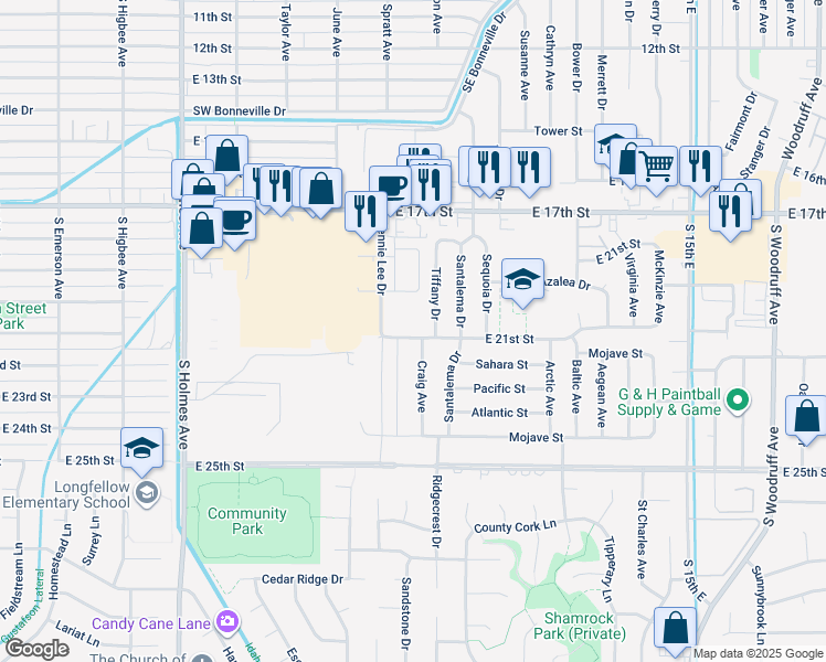 map of restaurants, bars, coffee shops, grocery stores, and more near 955 East 21st Street in Idaho Falls