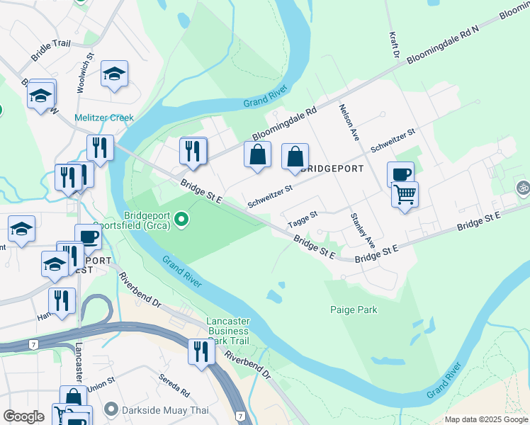 map of restaurants, bars, coffee shops, grocery stores, and more near 103 Bridge Street East in Kitchener