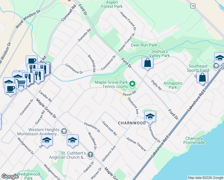 map of restaurants, bars, coffee shops, grocery stores, and more near 2198 Devon Road in Oakville