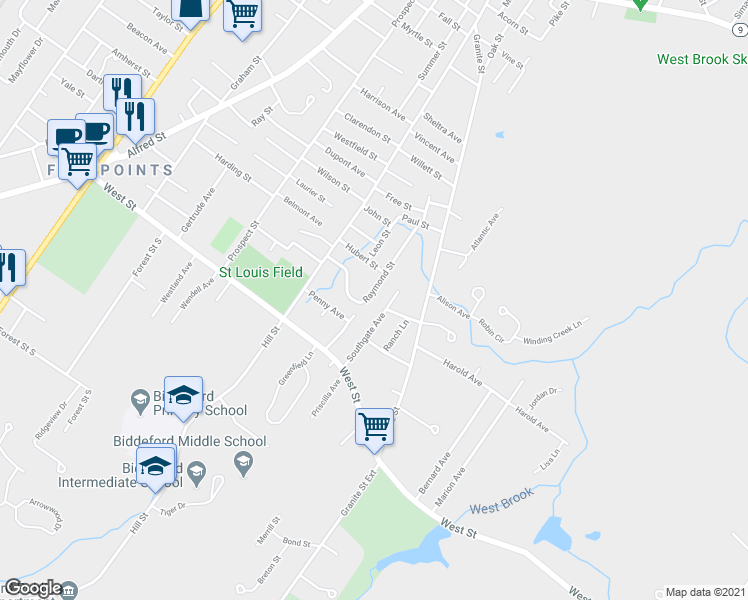 map of restaurants, bars, coffee shops, grocery stores, and more near 31 Raymond Street in Biddeford