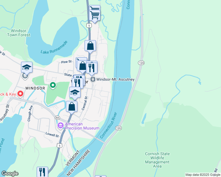 map of restaurants, bars, coffee shops, grocery stores, and more near 55 River Street in Windsor