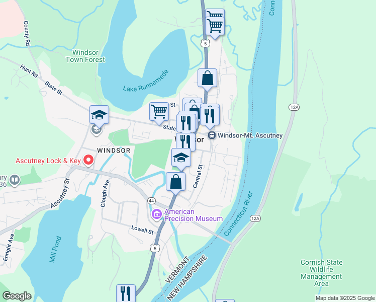 map of restaurants, bars, coffee shops, grocery stores, and more near 128 Main Street in Windsor