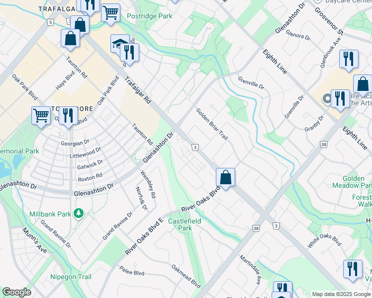 map of restaurants, bars, coffee shops, grocery stores, and more near 295 Royalton Common in Oakville